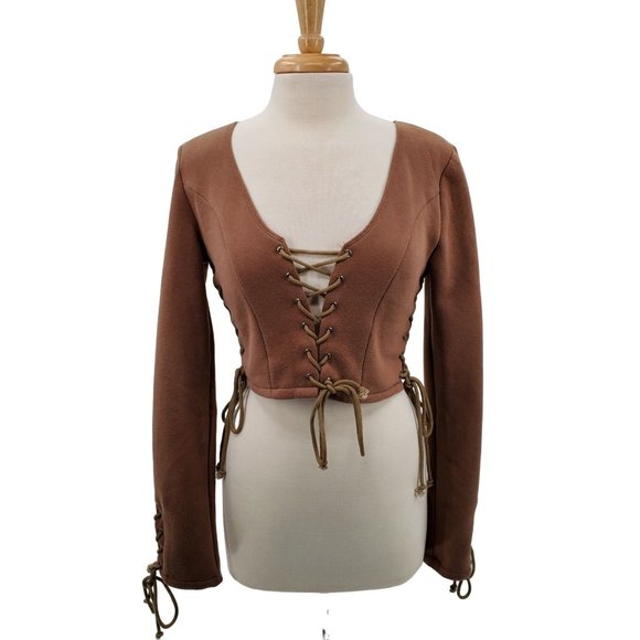 Tic Toc Tops - Tic Toc Womens Lace Up Crop Top Sz L Brown Long Sleeve Scoop Neck Lace Sides